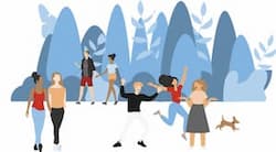Dibuix de persones diverses d'una comunitat fent salut: parlant, corrent, ballant, entre altres.