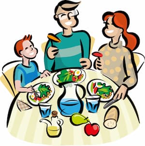 Dibuixos d'una família compartint un àpat saludable amb aigua, fruita, amanida i cigrons.