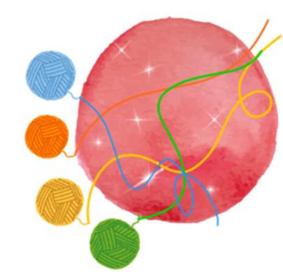 Un dibuix de cabdells de llana que s'entrecreuen i formen xarxes de colors diversos.