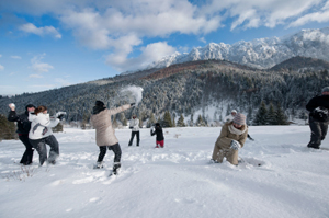 Un grup de persones fa una guerra de boles de neu