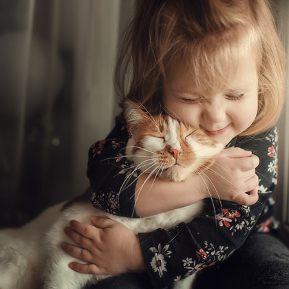 Una nena petita abraça un gat